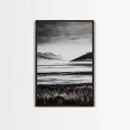 Serene Lake, Black and White Artwork, Misty Mountains, Nature Decor, Minimalist Landscape, Home Office Art, Canvas Print