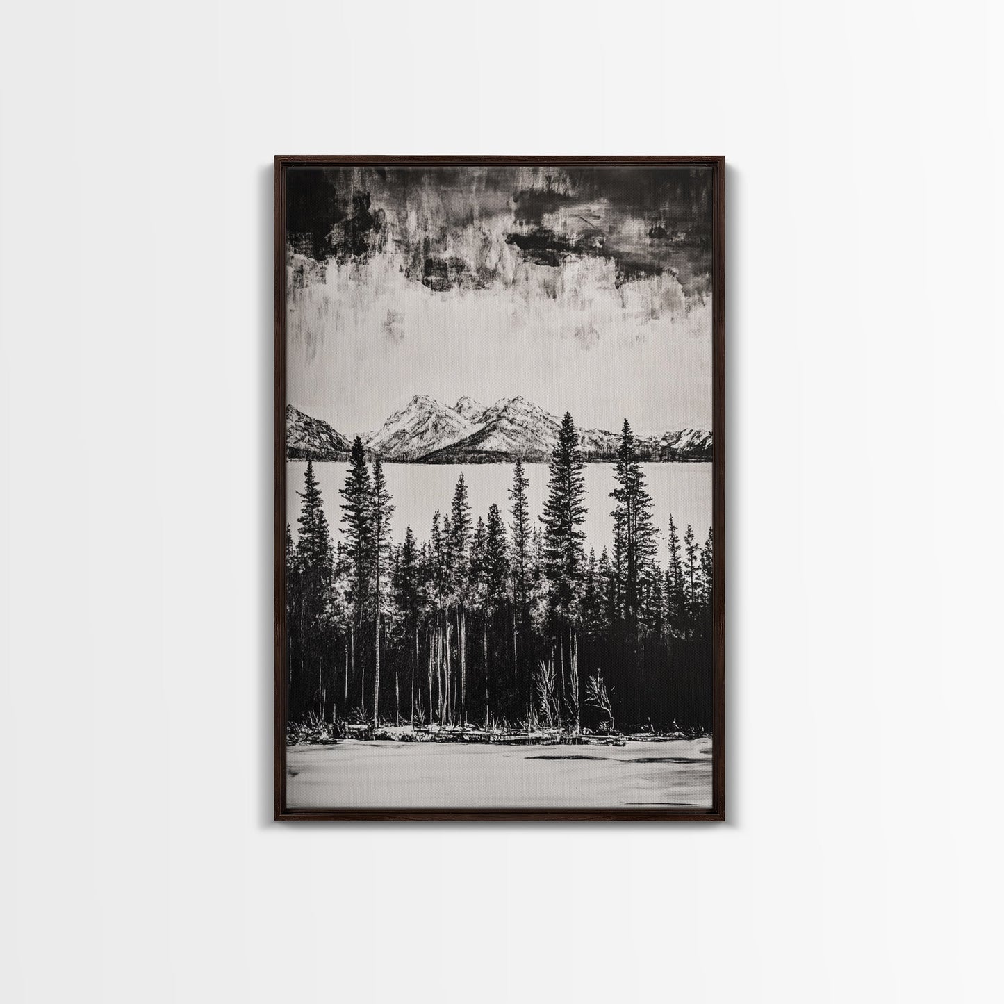 Mountain Serenity, Black and White Landscape, Nature Art, Tranquil Home Decor, Minimalist Painting, Office Artwork, Framed Canvas Print