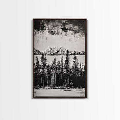 Mountain Serenity, Black and White Landscape, Nature Art, Tranquil Home Decor, Minimalist Painting, Office Artwork, Framed Canvas Print