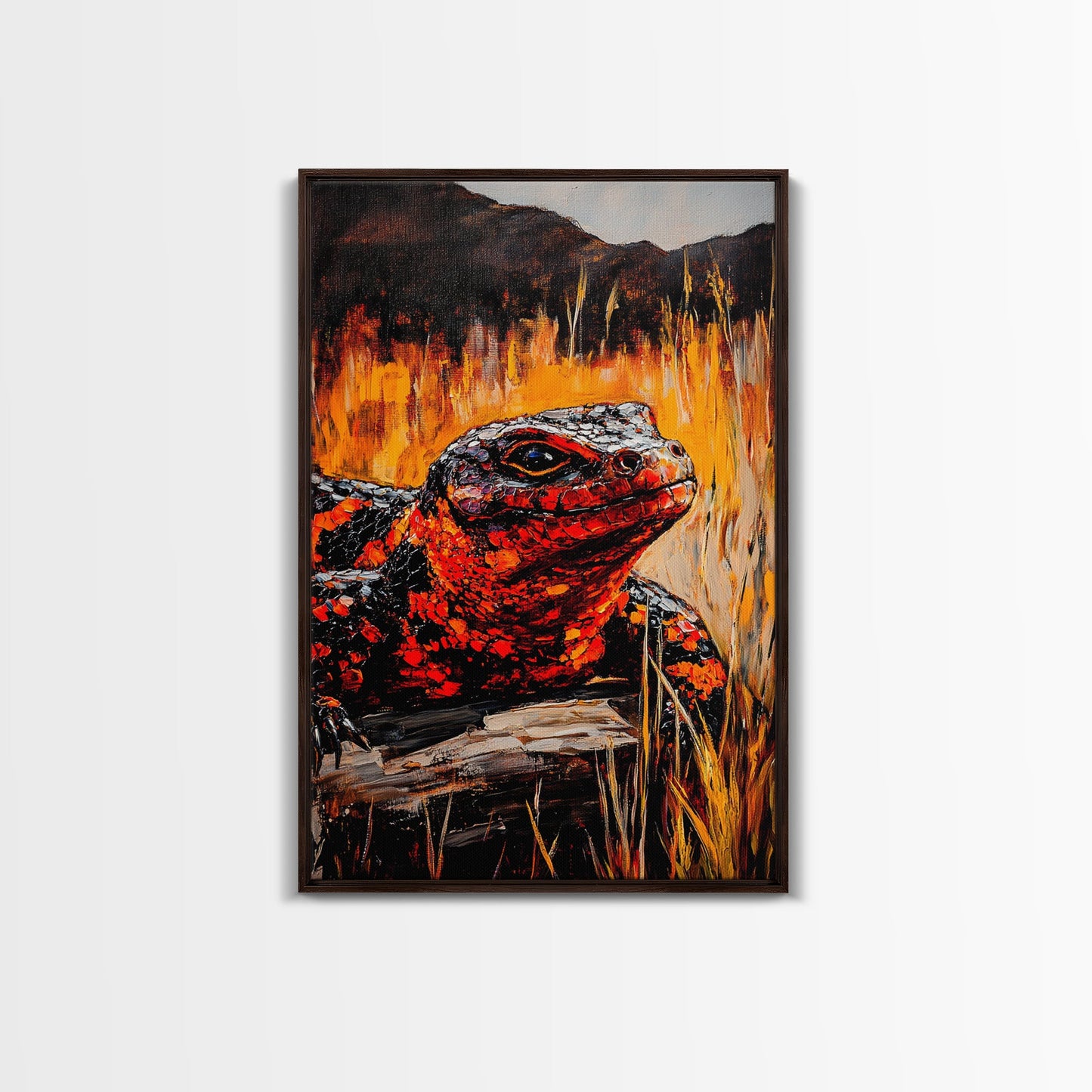 Fiery Lizard, Wildlife Art, Reptile Painting, Nature Wall Art, Rustic Decor, Warm Tones, Fall Wall Art, Living Room Art, Framed Canvas Print