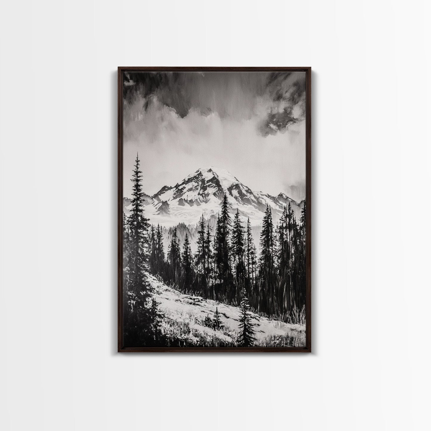 Snowy Peak, Mountain Landscape, Monochrome Art, Winter Wall Art, Nature Inspired, Rustic Wall Decor, Large Wall Art, Framed Canvas Print