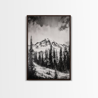 Snowy Peak, Mountain Landscape, Monochrome Art, Winter Wall Art, Nature Inspired, Rustic Wall Decor, Large Wall Art, Framed Canvas Print