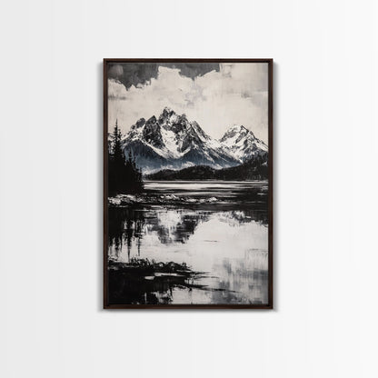 Serene Lake, Black and White Art, Nature Wall Decor, Minimalist Art, Wilderness Painting, Tranquil Wall Art, Modern Home Decor, Canvas Print