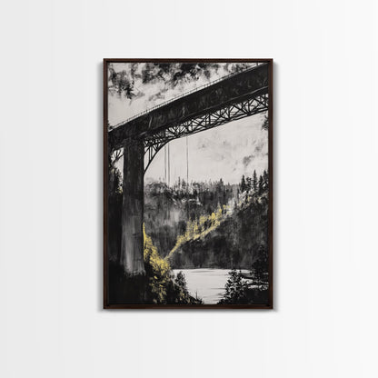 Steel Bridge, Industrial Wall Art, Black and White Landscape, Cityscape Art, Rustic Metal, Loft Style, Office Wall Art, Framed Canvas Print