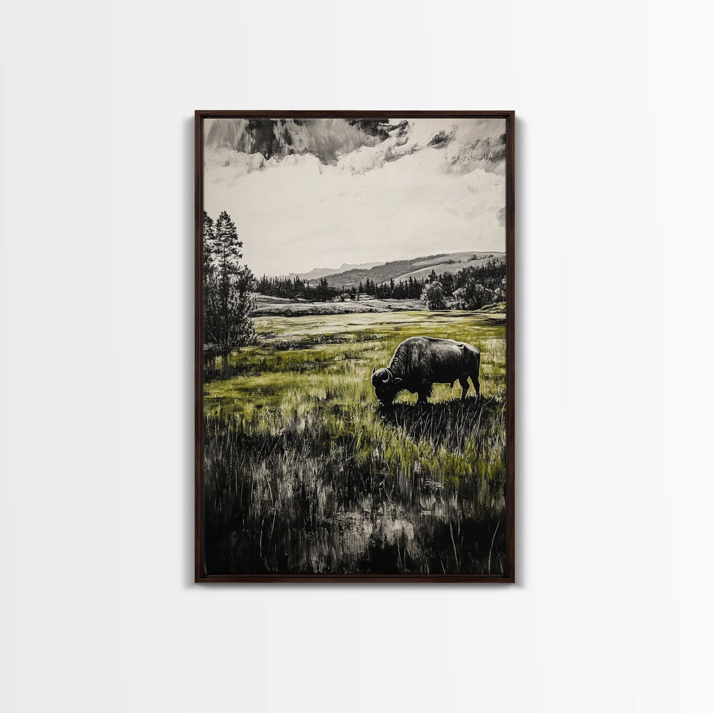 Grazing Bison, Wildlife Art, Rustic Home Decor, Nature Inspired, Western Landscape, Monochrome Art, Cabin Wall Art, Framed Canvas Print