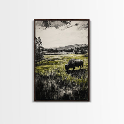 Grazing Bison, Wildlife Art, Rustic Home Decor, Nature Inspired, Western Landscape, Monochrome Art, Cabin Wall Art, Framed Canvas Print