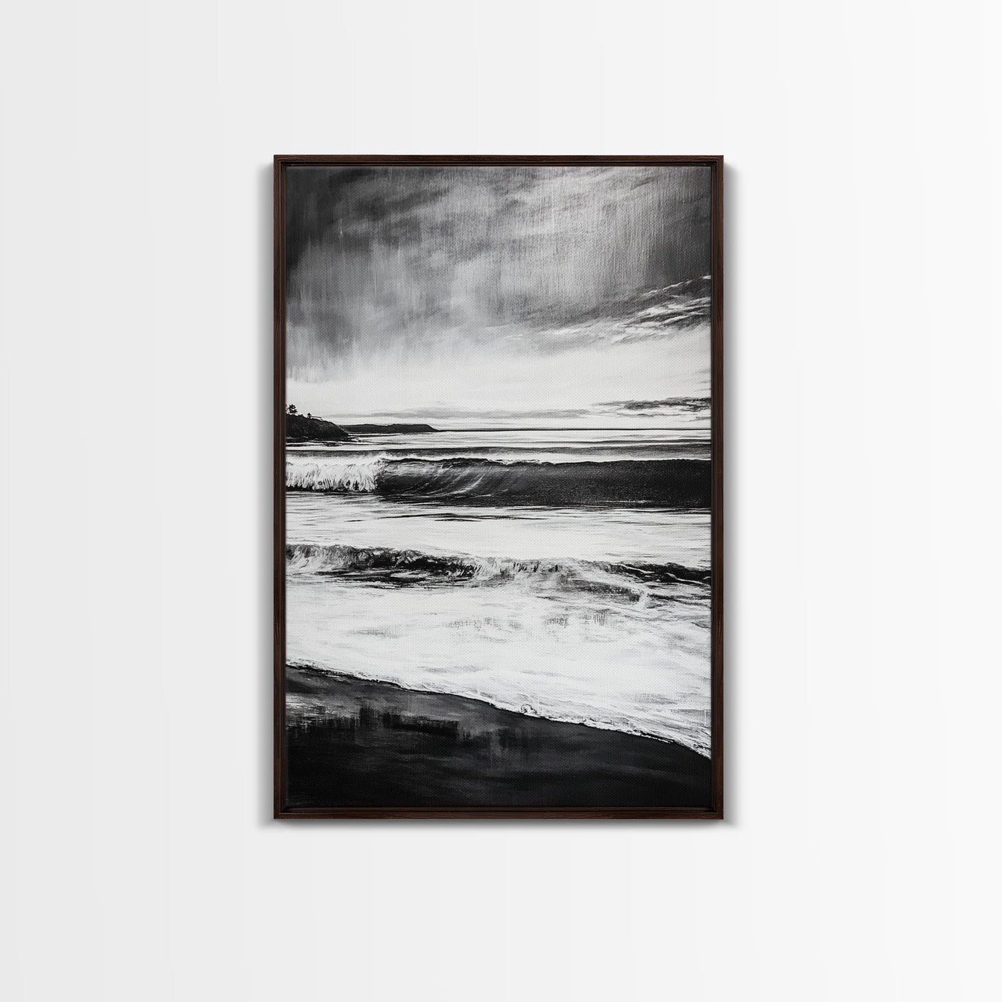Black and White Waves, Ocean Painting, Dramatic Coastline, Minimalist Art, Framed Canvas Print, Modern Seascape, Contemporary Wall Art