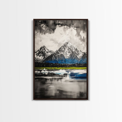 Mountain Reflections, Ice Peaks, Nature Landscape, Serene Wilderness, Canvas Print, Adventure Art, Cabin Decor, Living Room Wall Art