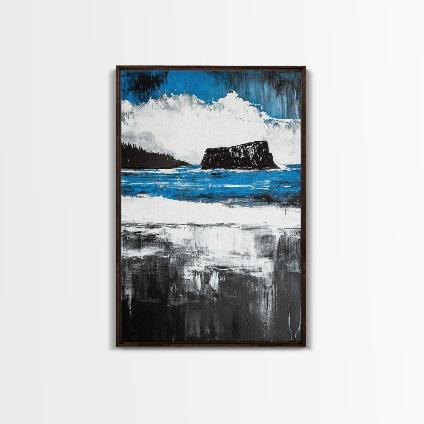 Ocean Cliff Seascape, Moody Coastal Art, Black White Blue Water, Modern Minimalist Wall Decor, Nautical Home Gift, Framed Canvas Print