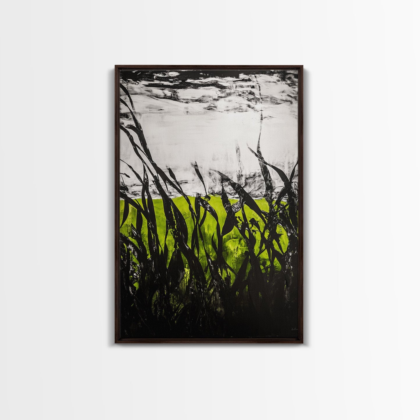 Minimalist Grass Field, Black White Green Nature Art, Abstract Farmhouse Wall Decor, Modern Simple Landscape, Framed Canvas Print