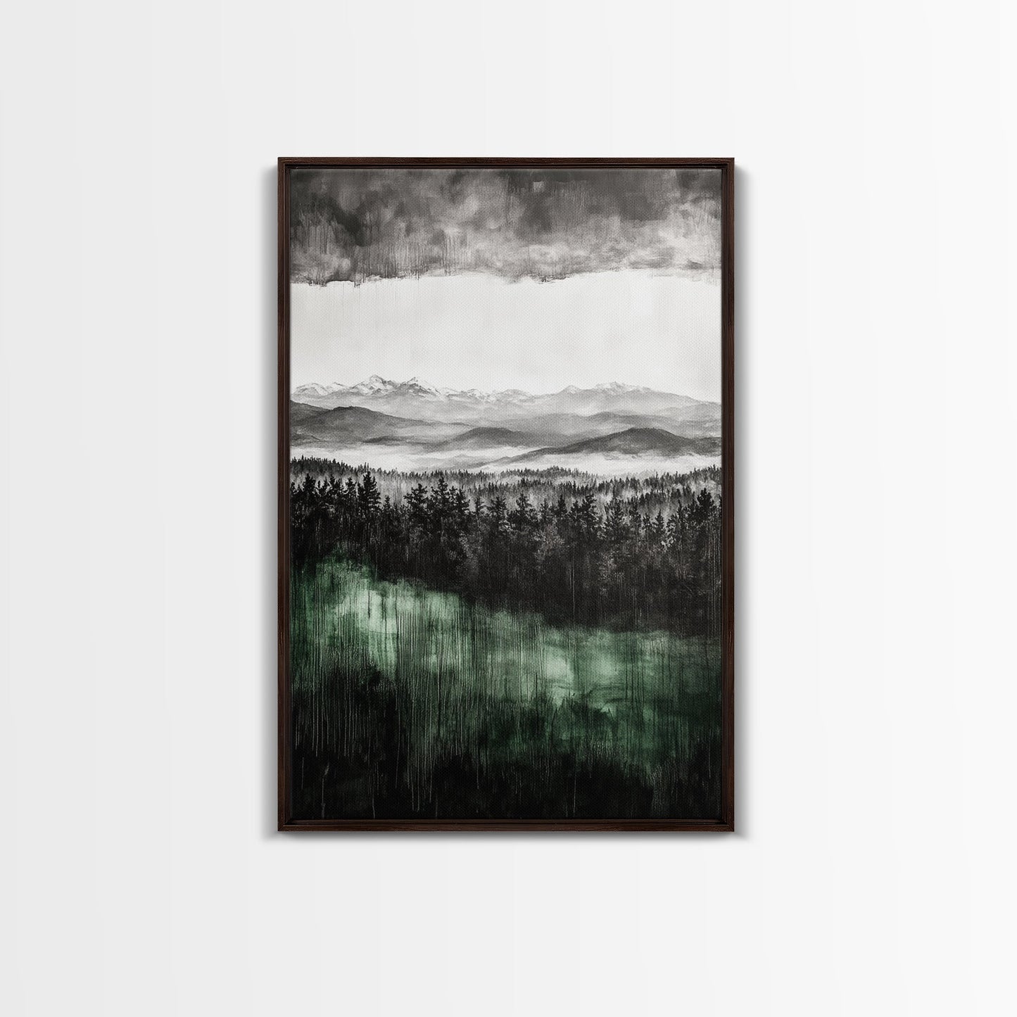 Misty Mountains, Moody Wall Art, Rustic Home Decor, Cabin Wall Art, Neutral Aesthetic, Black and White, Framed Canvas Print