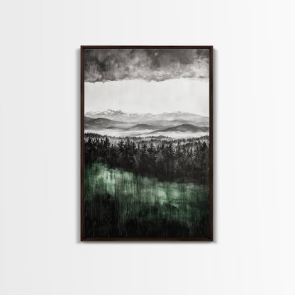 Misty Mountains, Moody Wall Art, Rustic Home Decor, Cabin Wall Art, Neutral Aesthetic, Black and White, Framed Canvas Print