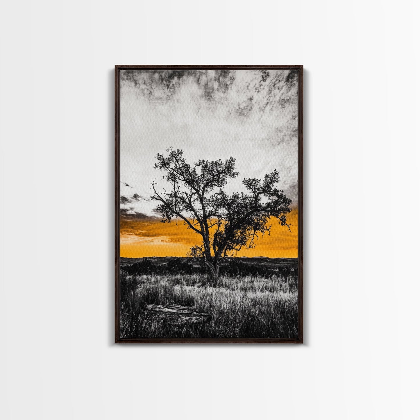Lone Tree Sunset, dramatic landscape print, fall sunset art, rustic countryside decor, warm autumn painting, framed canvas print, hallway
