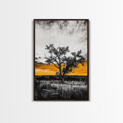 Lone Tree Sunset, dramatic landscape print, fall sunset art, rustic countryside decor, warm autumn painting, framed canvas print, hallway