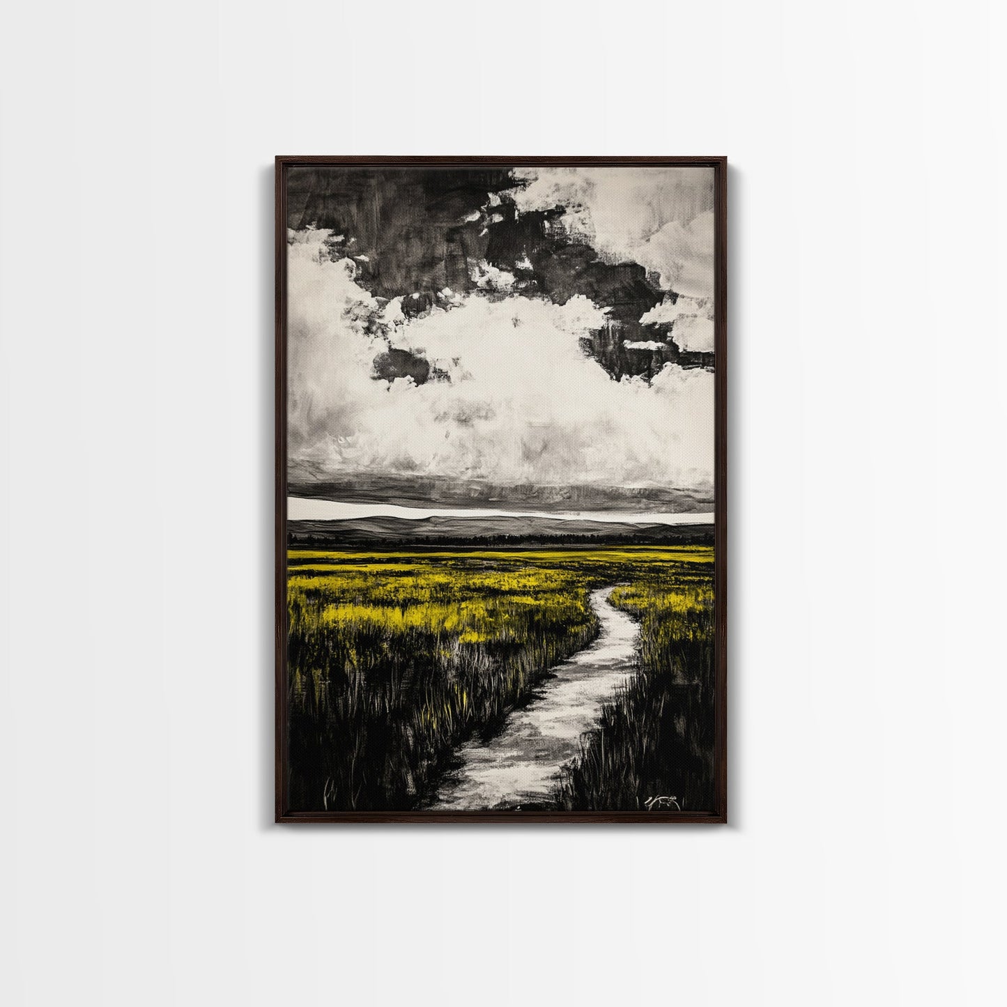 Field Pathway, dreamy landscape painting, country road art, scenic nature wall decor, calming yellow tones, framed canvas print, entryway