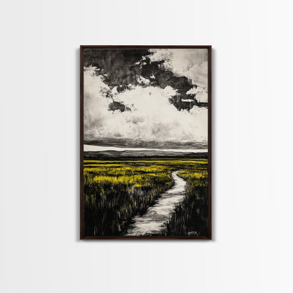 Field Pathway, dreamy landscape painting, country road art, scenic nature wall decor, calming yellow tones, framed canvas print, entryway