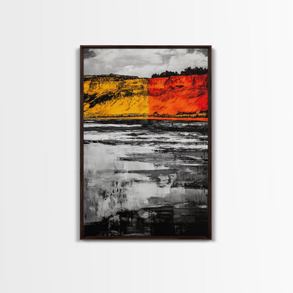 Autumn Cliffs, Seasonal Landscape, Fall Wall Art, Rustic Nature Print, Bold Orange and Yellow, Framed Canvas Print, Living Room Decor