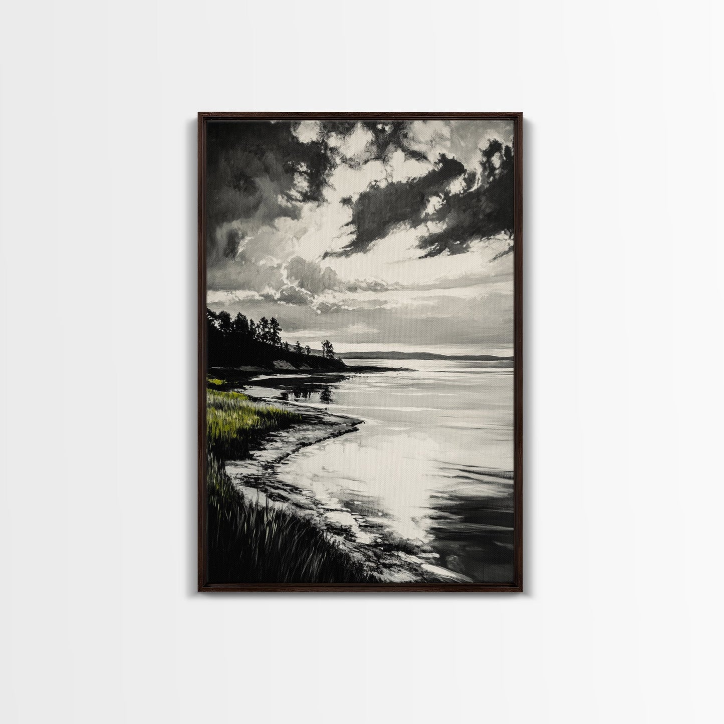 Moody Landscape, Black and White Art, Dramatic Sky, Coastal Scene, Nature Painting, Modern Home Decor, Minimalist Style, Framed Canvas Print