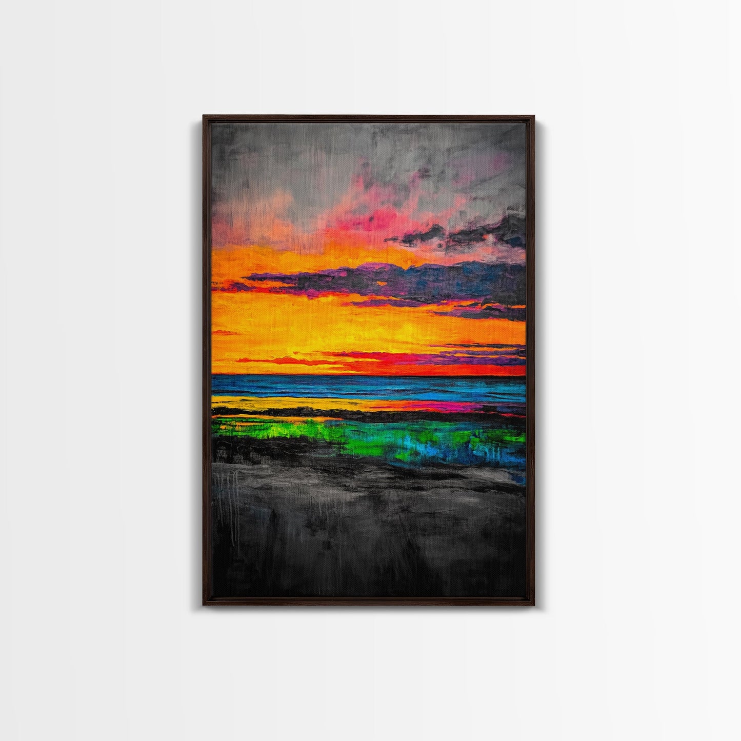 Sunset Glow, Vibrant Landscape, Nature Art, Framed Canvas Print, Dramatic Sky Painting, Fall Home Decor, Large Wall Art, Beach Scene
