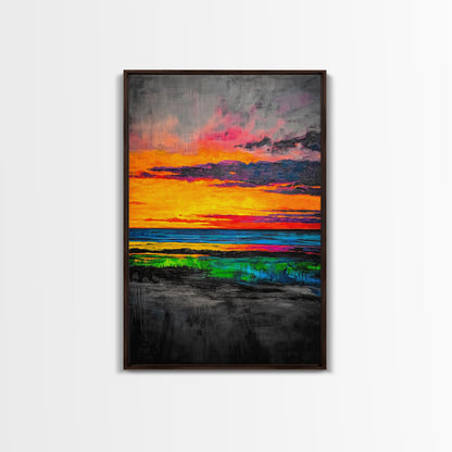 Sunset Glow, Vibrant Landscape, Nature Art, Framed Canvas Print, Dramatic Sky Painting, Fall Home Decor, Large Wall Art, Beach Scene