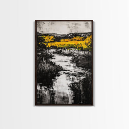 Black White Landscape, Yellow Trees, River Stream Art, Rustic Farmhouse Decor, Modern Nature Wall Art, Bedroom Wall Decor, Canvas Print