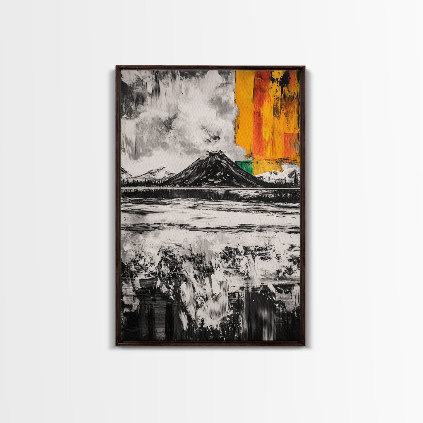 Volcano Landscape, Abstract Nature Art, Bold Modern Painting, Framed Canvas Print, Monochrome Mountains, Adventure Wall Decor