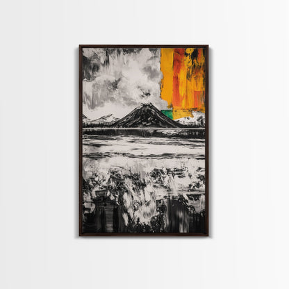 Volcano Landscape, Abstract Nature Art, Bold Modern Painting, Framed Canvas Print, Monochrome Mountains, Adventure Wall Decor