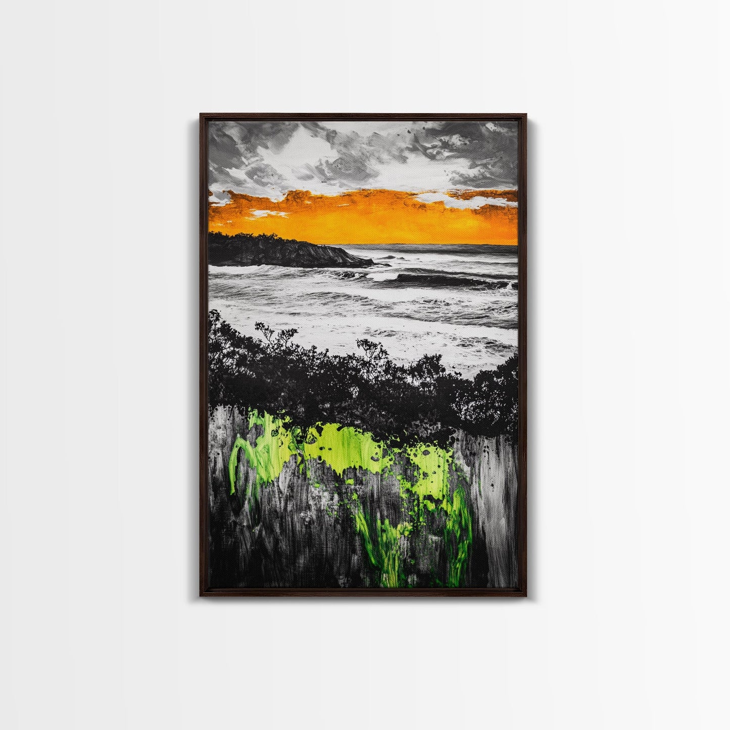 Sunset Ocean, Coastal Wall Art, Black White Seascape, Framed Canvas Print, Beach House Decor, Dramatic Sky, Nautical Artwork