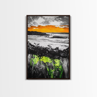 Sunset Ocean, Coastal Wall Art, Black White Seascape, Framed Canvas Print, Beach House Decor, Dramatic Sky, Nautical Artwork