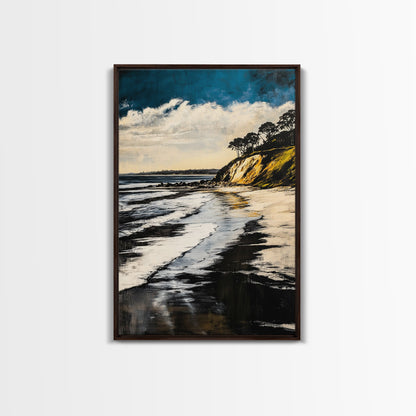 Sunset Beach, Cliffside View, Ocean Landscape, Nature Wall Art, Framed Canvas Print, Coastal Home Decor, Golden Hour, Serene Scene