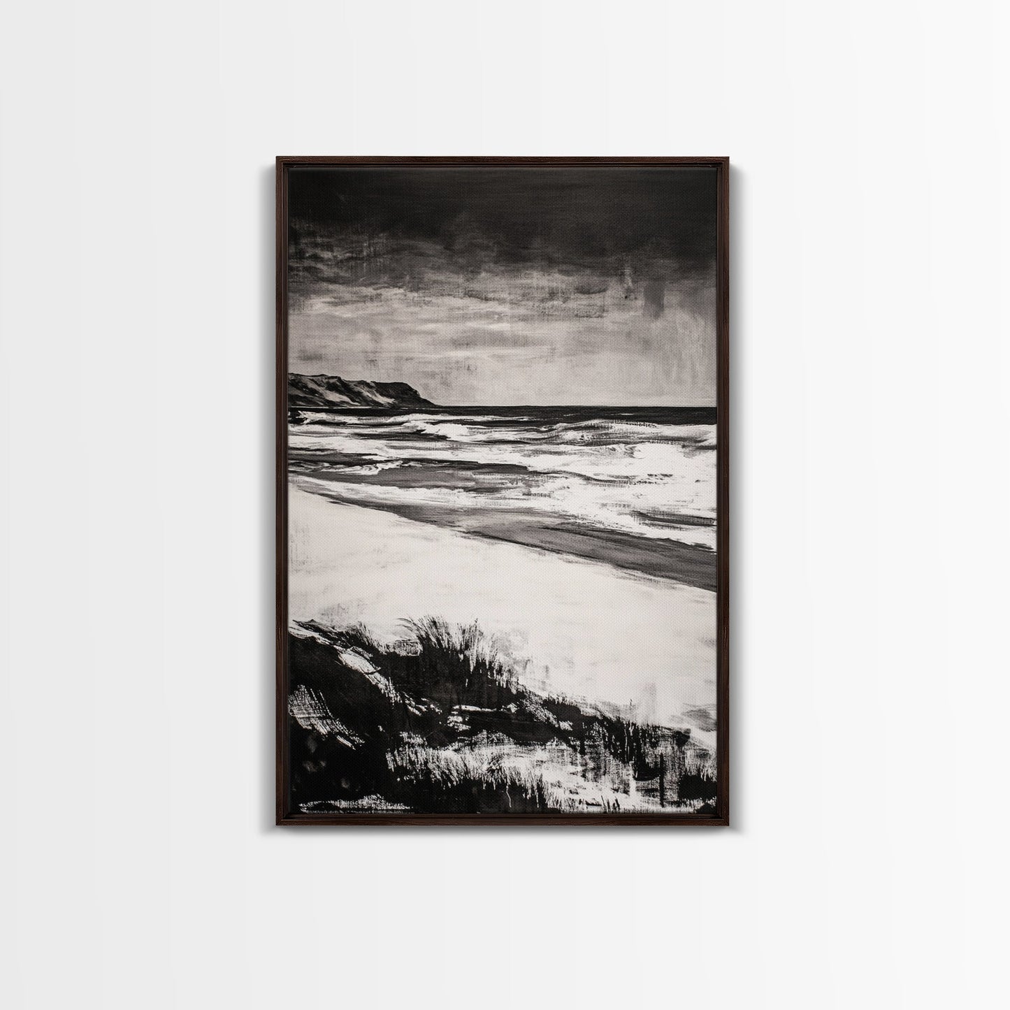Black and White Beach, Stormy Ocean, Dramatic Seascape, Moody Wall Art, Framed Canvas Print, Minimalist Decor, Coastal Storm