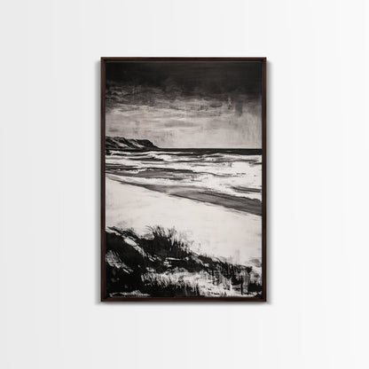 Black and White Beach, Stormy Ocean, Dramatic Seascape, Moody Wall Art, Framed Canvas Print, Minimalist Decor, Coastal Storm