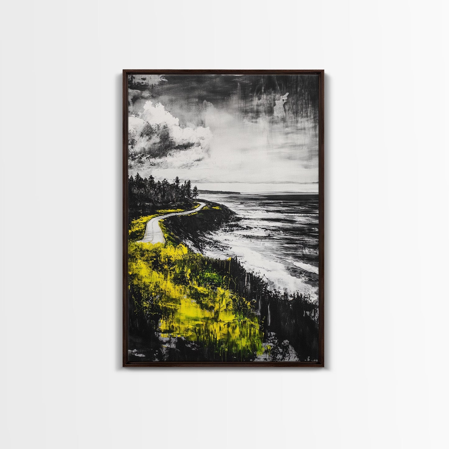 Coastal Road, Ocean View, Yellow Grass, Canvas Print, Scenic Landscape, Rustic Wall Art, Beach House Decor, Nature Painting