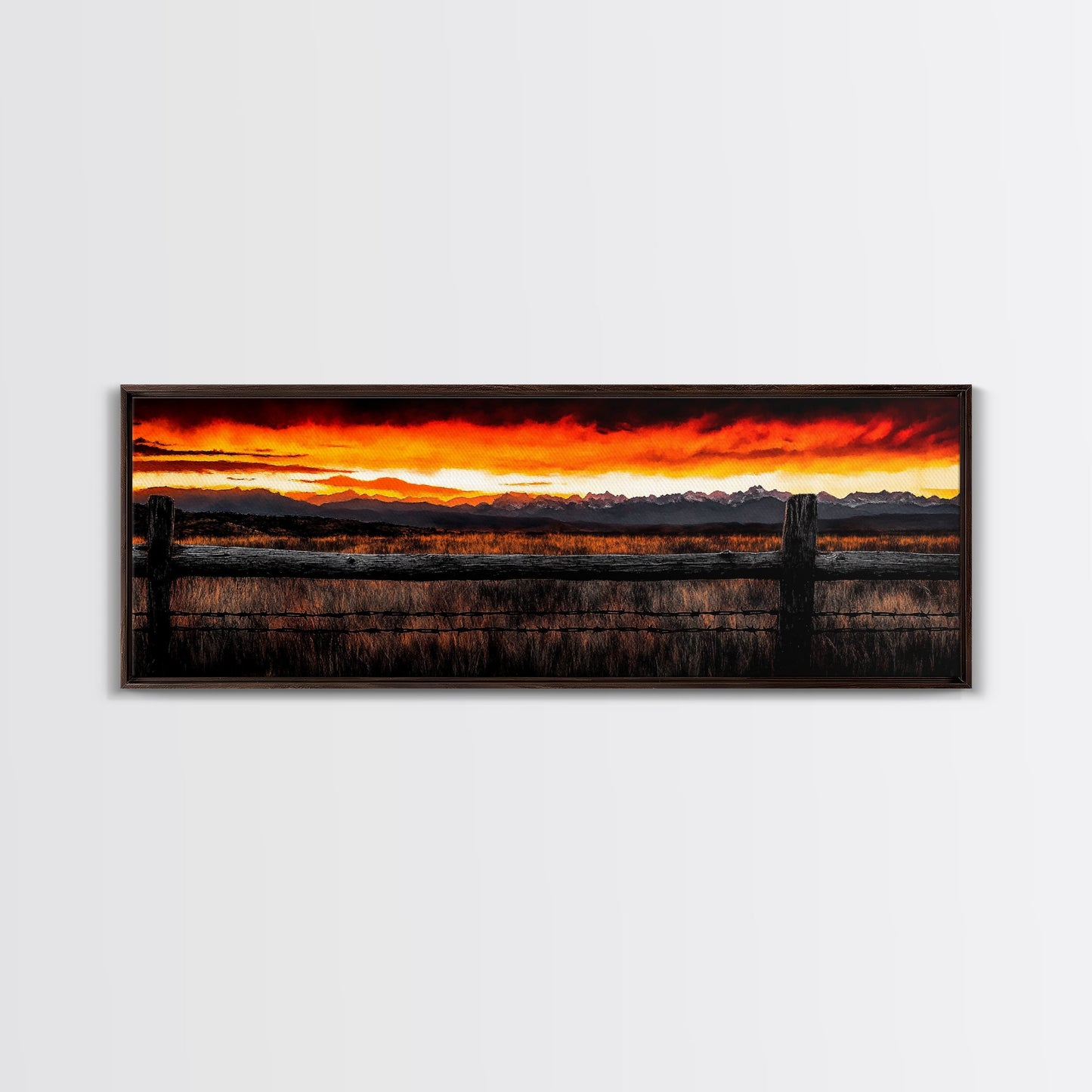 Western Sunset, Mountain Landscape Print, Rustic Cowboy Art, Dramatic Sky Painting, Country Wall Decor, Framed Canvas Print, Large Wall Art