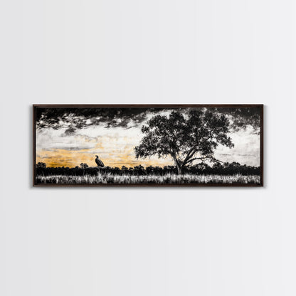Lone Eagle and Tree, Dramatic Sunset Art, Wildlife Wall Decor, Rustic Nature Print, Framed Canvas Print, Office or Living Room Art