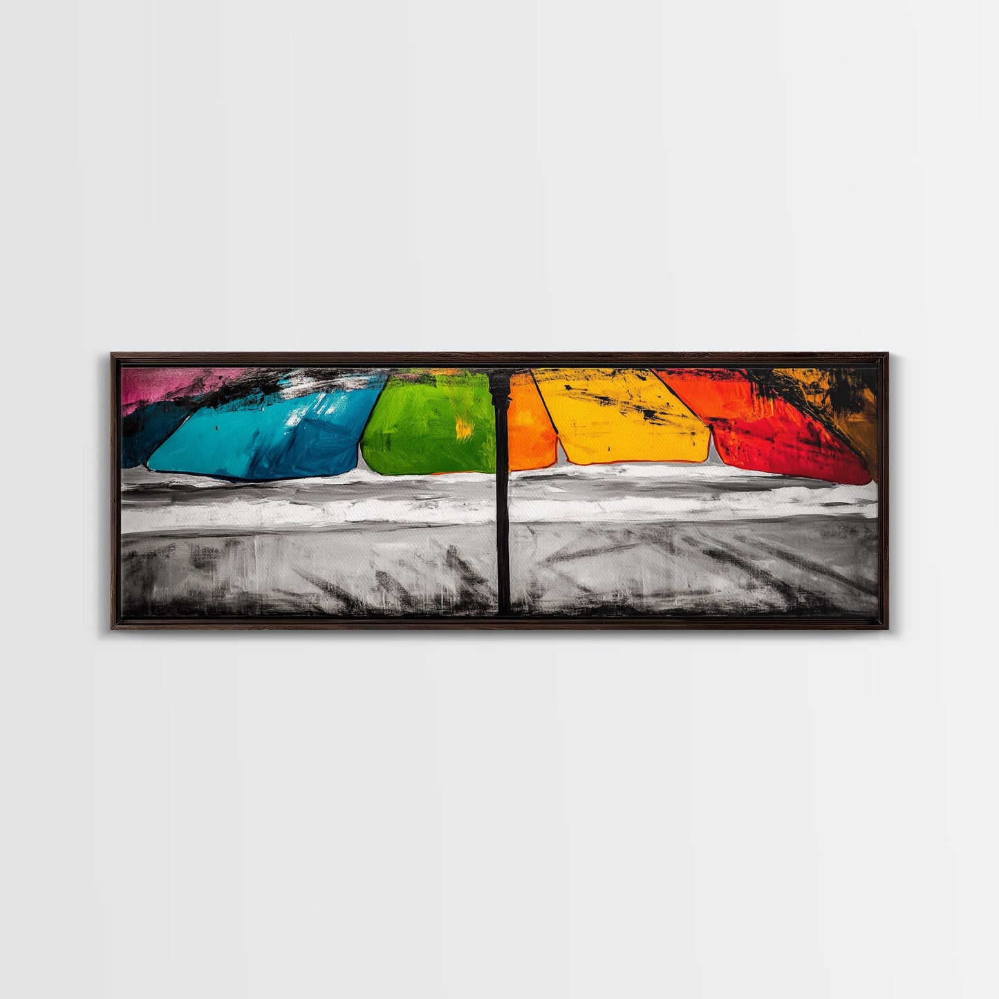 Colorful Umbrella Art, Abstract Beach Painting, Coastal Modern Decor, Vibrant Seaside Print, Bold Canvas Print, Framed Canvas Print