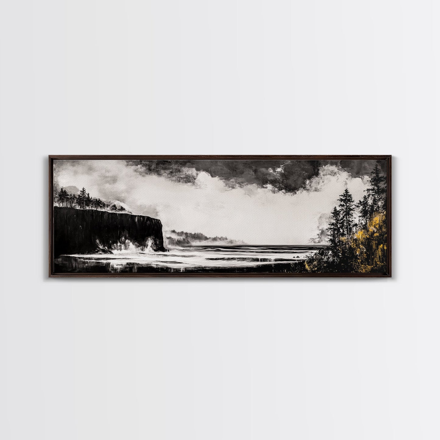 Steilküste, dramatisches Meerespanorama, stimmungsvolle Küste, monochrom, gerahmter Leinwanddruck, Küsten-Wandkunst, nautische Dekoration, großes Wandbild