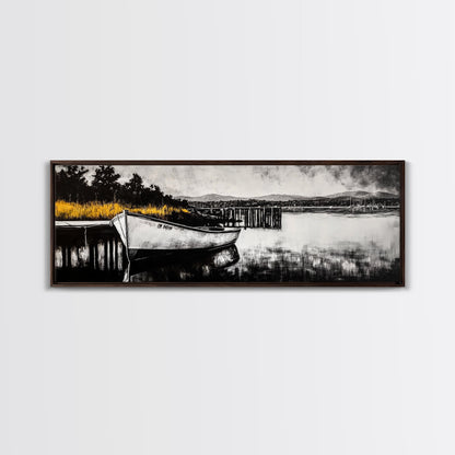Rustic Boat, Black and White, Nautical Wall Art, Coastal Home Decor, Lake House Art, Large Wall Art, Framed Canvas Print, Living Room Art