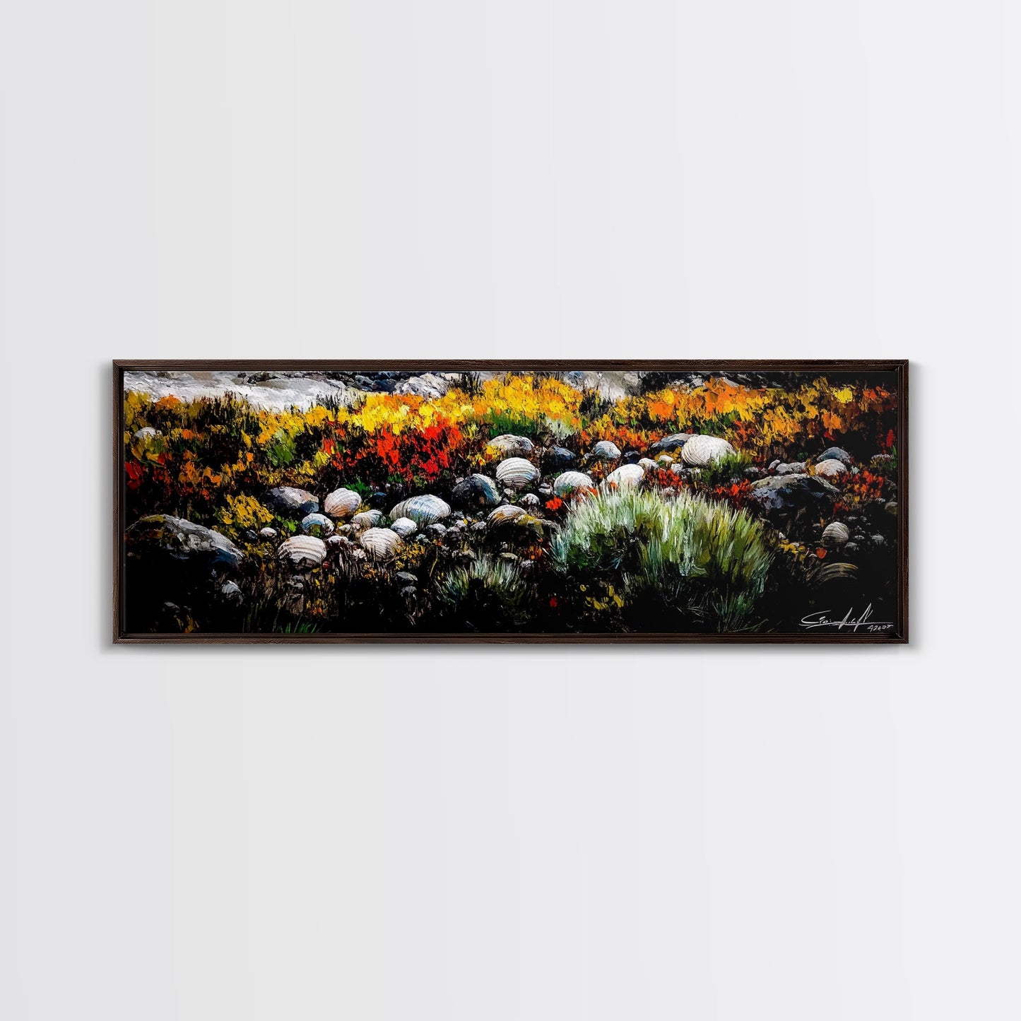 Rocky Shoreline, Wildflowers, Coastal Landscape, Framed Canvas Print, Autumn Beach Scene, Rustic Nature Painting, Entryway Wall Art