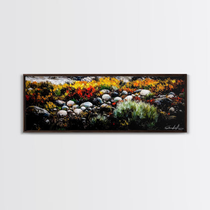 Rocky Shoreline, Wildflowers, Coastal Landscape, Framed Canvas Print, Autumn Beach Scene, Rustic Nature Painting, Entryway Wall Art