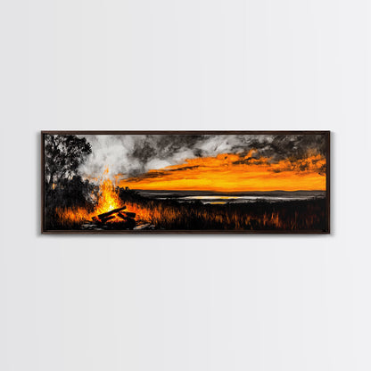 Sunset Bonfire, Rustic Art, Cozy Cabin Decor, Canvas Print, Fall Landscape, Nature Wall Art, Warm Glow Artwork, Mountain Retreat Art
