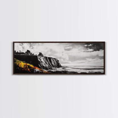 Coastal Cliff Painting, Black and White Seascape, Ocean View Artwork, Modern Nautical Decor, Beach House Wall Art, Framed Canvas Print