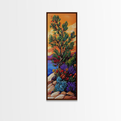 Sunset Tree, Wildflowers Desert, Canvas Print, Autumn sunset art, southwestern nature decor, boho fall home accent, canyon wall painting