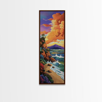 Beach Cliffs, Sunset Painting, Framed Canvas Print coastal cliffside view with crashing waves vibrant beach wall art tropical living room décor