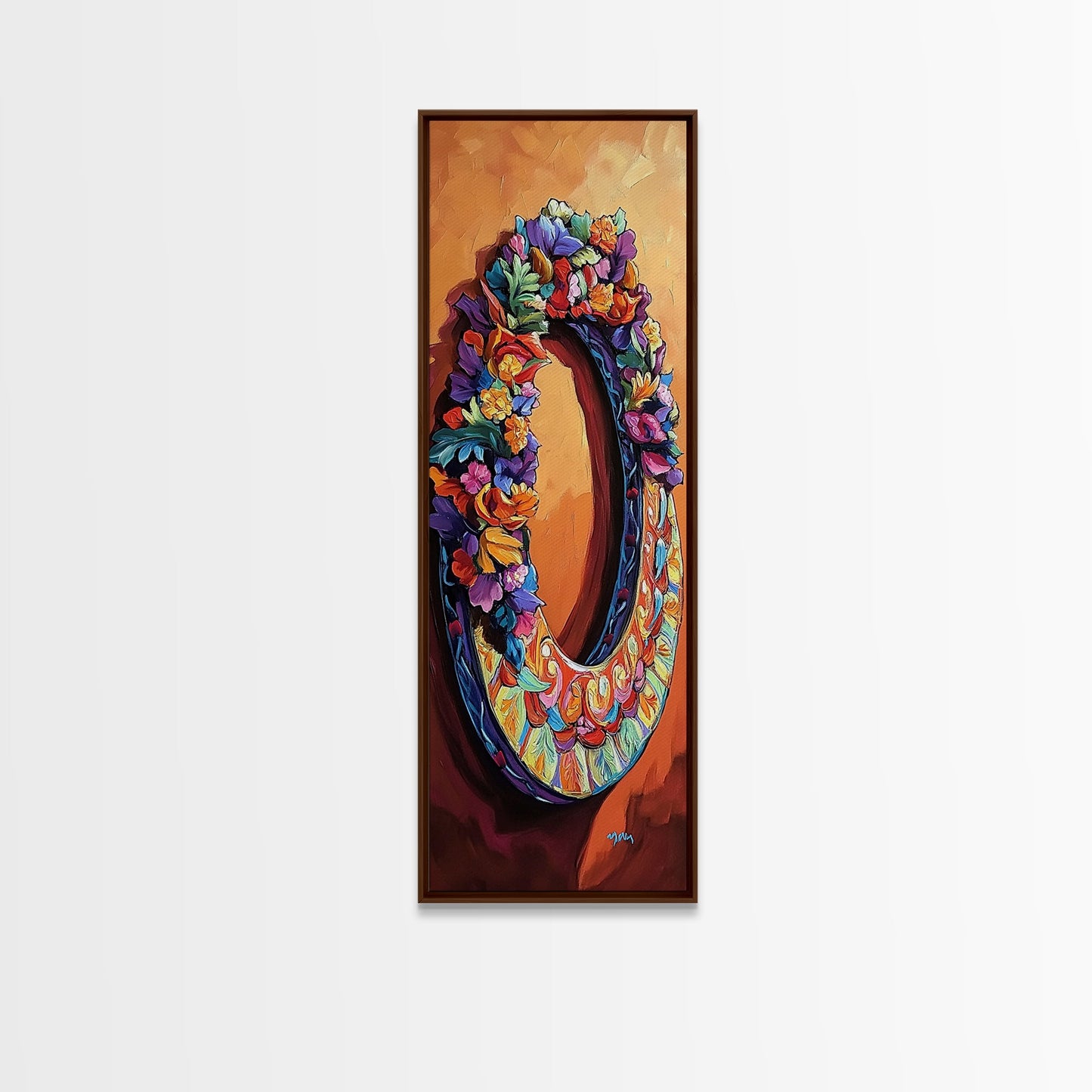 Autumn, Floral, Wreath, Decor, Framed Canvas Print, Fall boho wall art, rustic kitchen decor, entryway farmhouse painting, cozy orange tones