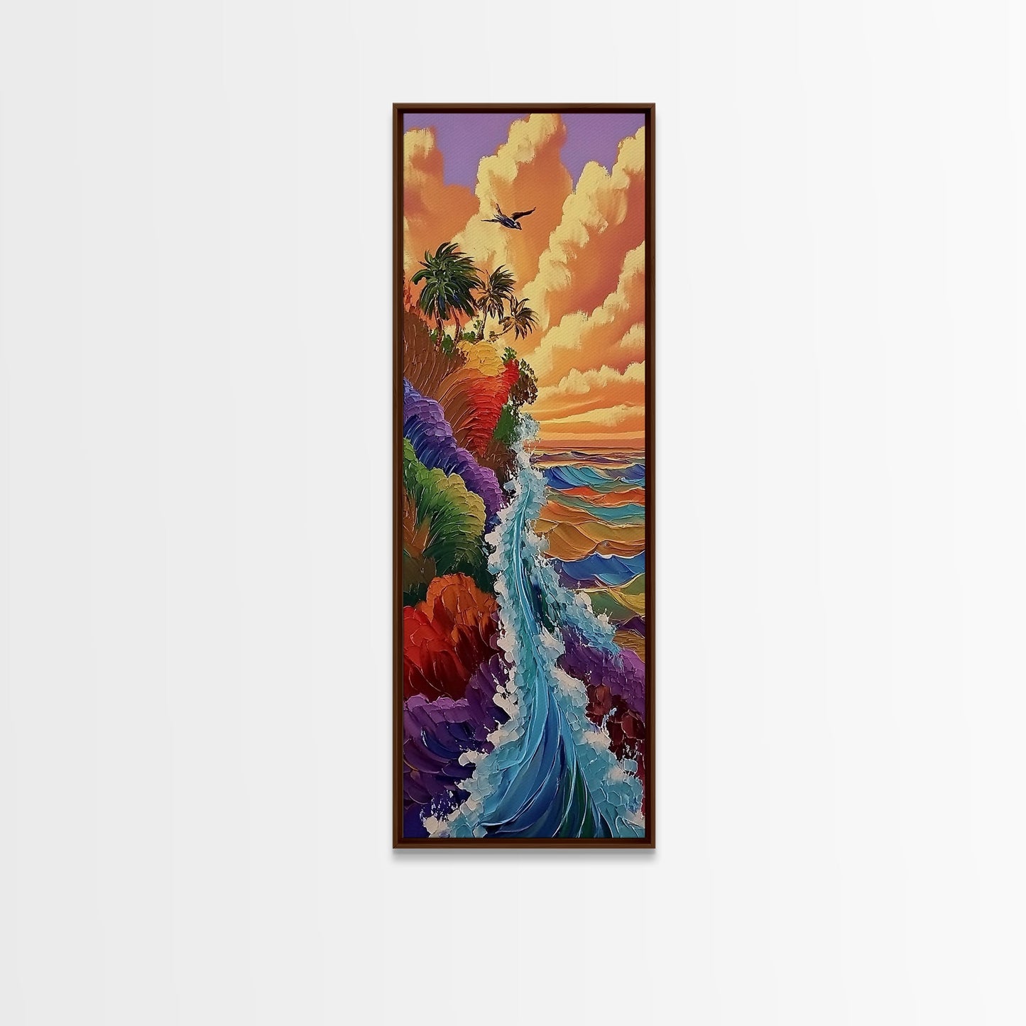 Rainbow Cliff, Ocean Waves, Sunset Coast, Framed Canvas Print, tropical beach decor, vibrant boho wall art, coastal entryway painting
