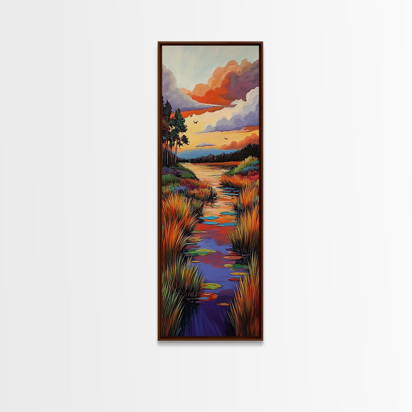 Autumn, River, Sunset, Painting, Framed Canvas Print of colorful river marsh landscape, Fall wall decor, rustic living room boho art