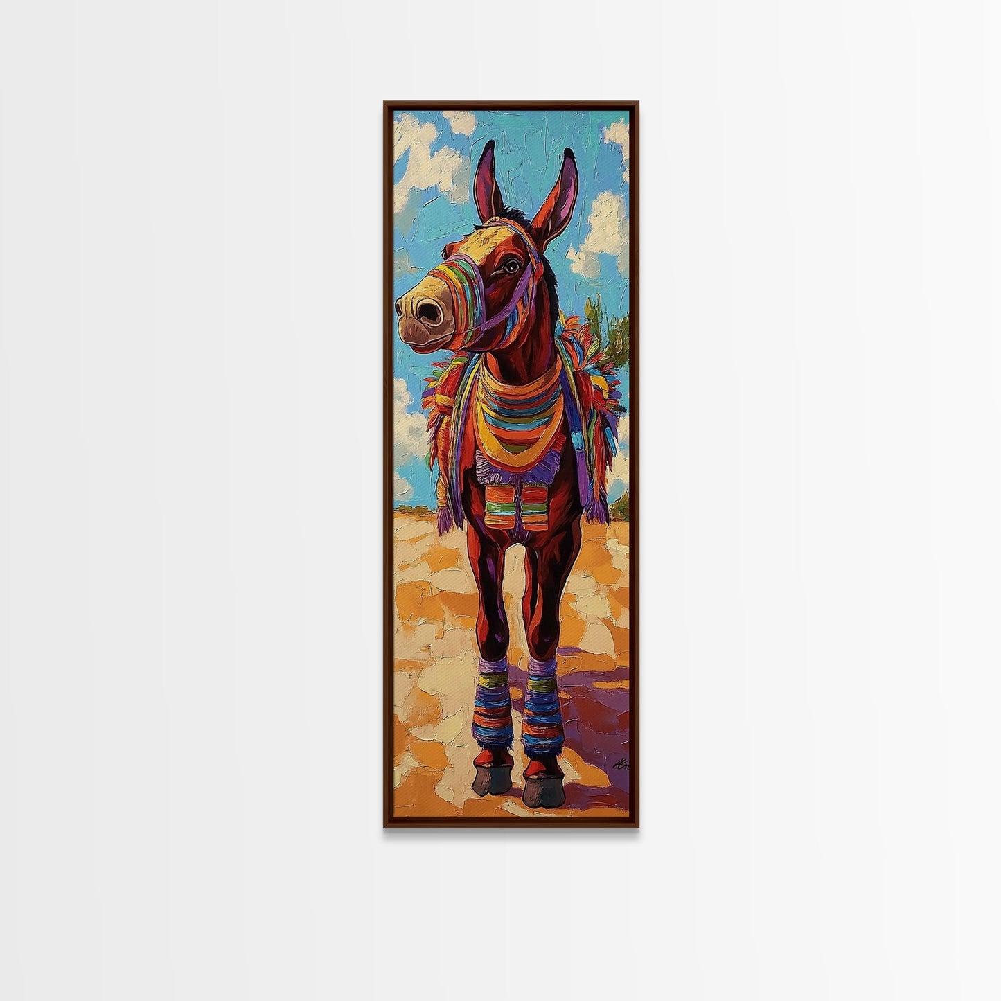 Donkey, Fiesta, Colorful, Fun, Framed Canvas Print with southwestern folk art, playful animal design, boho kids room, kitchen decor