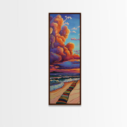 Ocean, Sunset, Blankets, Beach - Framed Canvas Print, Cozy Coastal Wall Art, Warm Sunset Beach Decor, Serene Bedroom, Entryway Accent