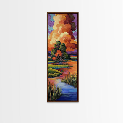 Autumn Marsh, Sunset Glow, Serene Trees, Framed Canvas Print, warm fall landscape art, peaceful country home decor, boho wall design